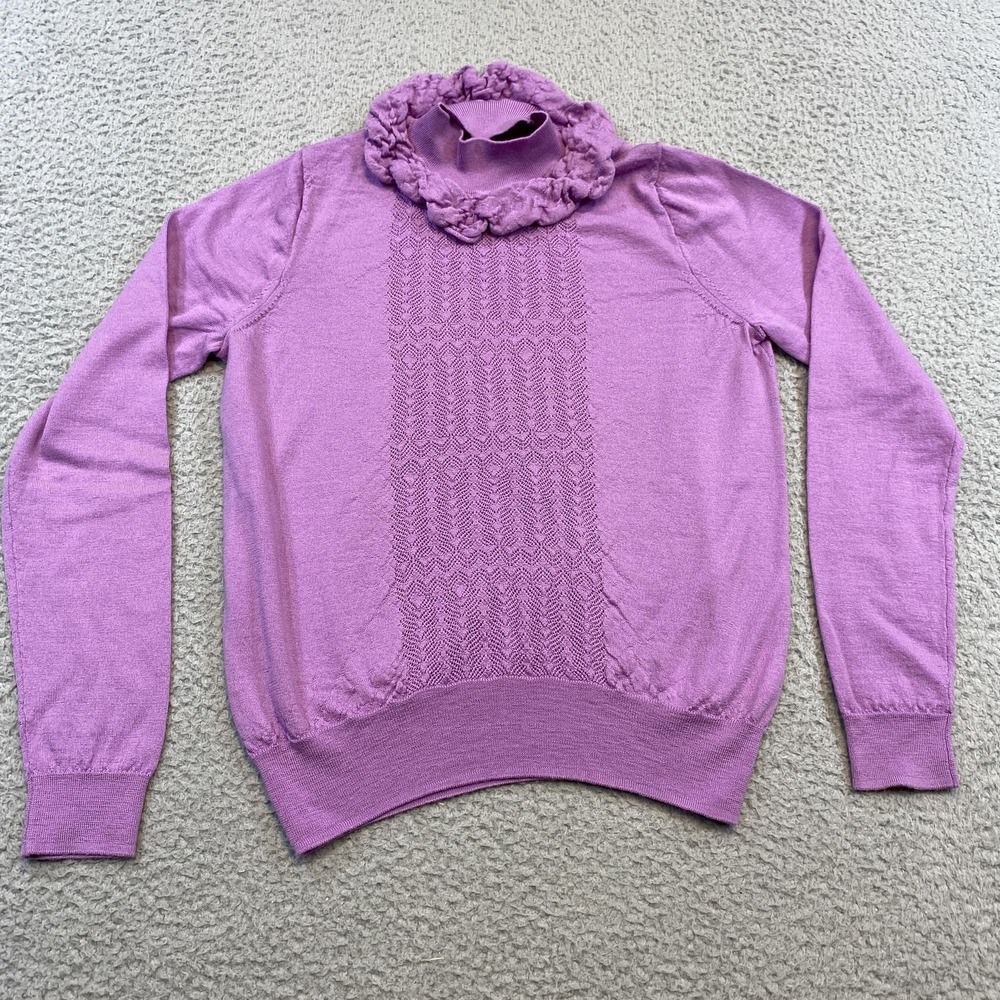 J.Crew Sweater Womens Small Purple Merino Wool Ruffle Mock Neck Chevron Pullover
